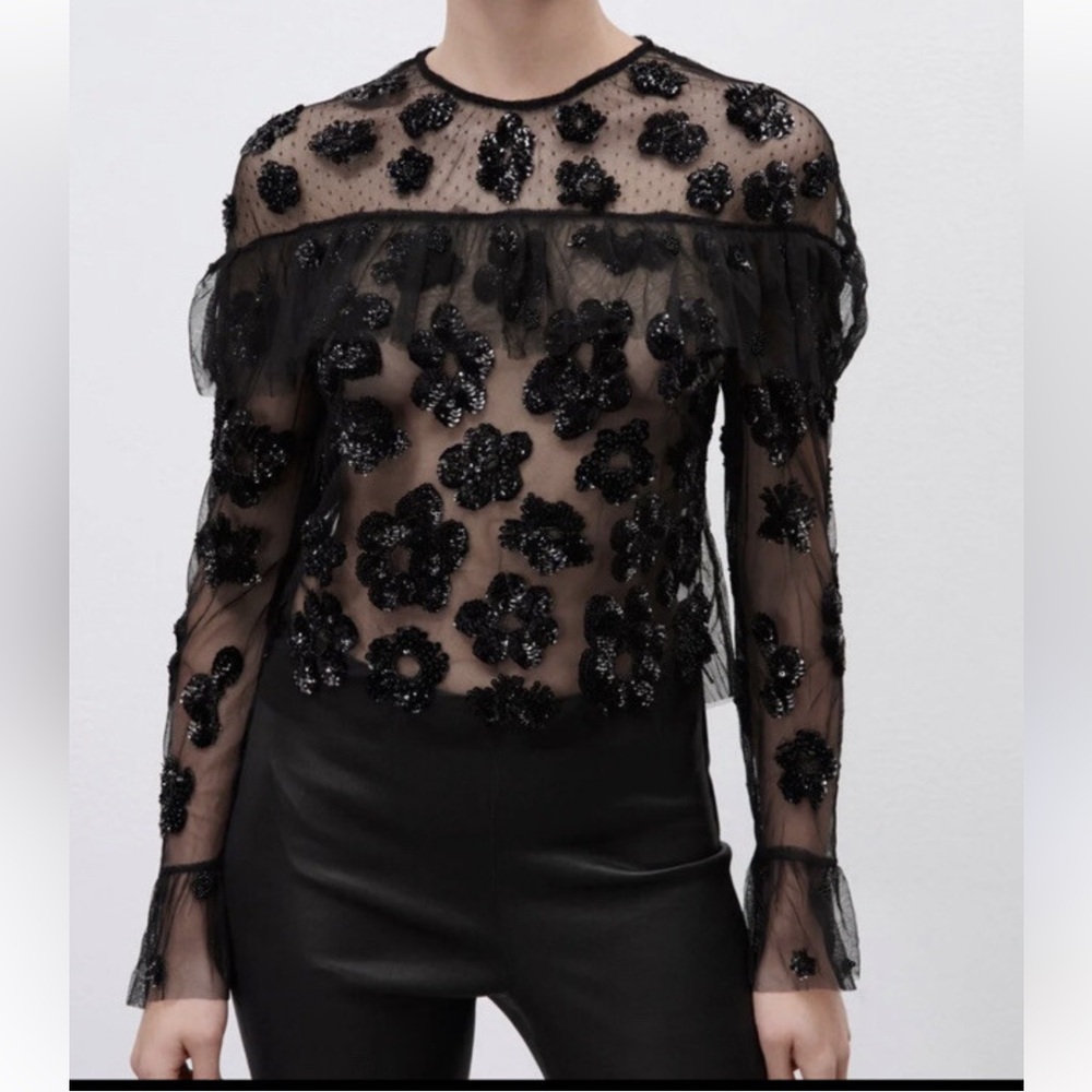 Zara Black Sheer Floral Sequin Blouse